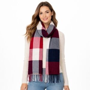 Oversized Plaid Blanket Scarf Red Navy Ivory Fringe